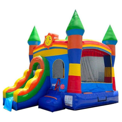 POGO Inflatable Bouncers 12'H Crossover Rainbow Castle Smiley Face Bounce House Slide Combo with Blower by POGO 14.5H Crossover Rainbow Castle Smiley Bounce Slide Combo Wet Pool POGO