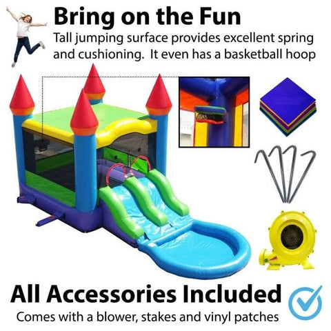 POGO Inflatable Bouncers 13.5'H Crossover Blue Rainbow Dual Lane Bounce House Slide with Pool with Blower, Backyard Party Package by POGO 754972302708 5523 13.5'H Crossover Blue Rainbow Dual Lane Bounce House Slide Pool Blower