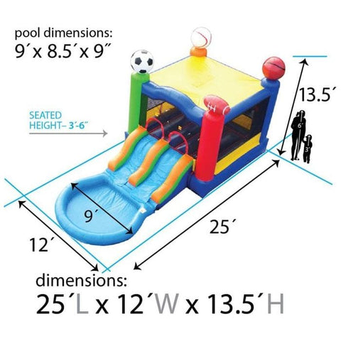 POGO Inflatable Bouncers 13.5'H Crossover Sports Dual Lane Bounce House Slide with Pool with Blower, Backyard Party Package by POGO 13.5'H Crossover Blue Rainbow Dual Lane Bounce House Slide Pool Blower
