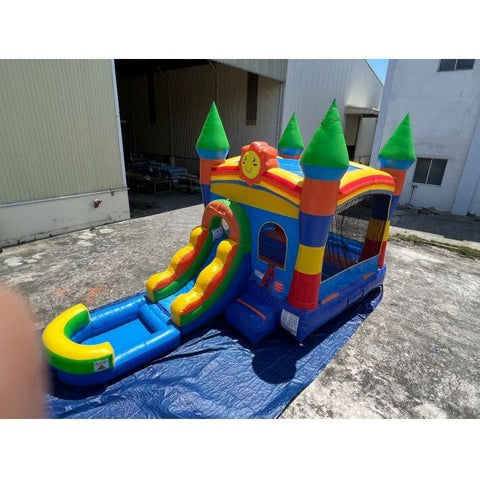 POGO Inflatable Bouncers Crossover 14.5'H Rainbow Castle Smiley Face Bounce House Slide Combo with Wet Pool Attachment by POGO 754972382472 6170 Crossover 14.5H Rainbow Castle Smiley Bounce Slide Combo Wet Pool POGO