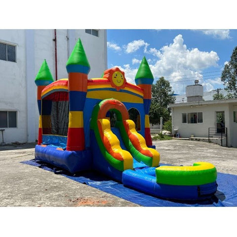 POGO Inflatable Bouncers Crossover 14.5'H Rainbow Castle Smiley Face Bounce House Slide Combo with Wet Pool Attachment by POGO 754972382472 6170 Crossover 14.5H Rainbow Castle Smiley Bounce Slide Combo Wet Pool POGO