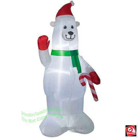7' Gemmy Airblown Inflatable Christmas Polar Bear Wearing Santa Hat Holding A Candy Cane