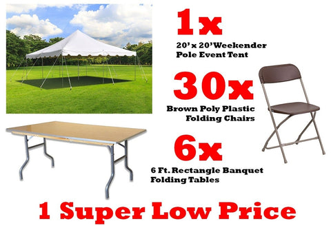 Pole Tent Party Event Package with 20' x 20' Pole Tent, 6ft Folding Tables and 30 Folding Chairs
