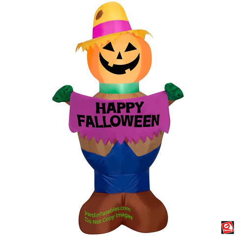 4' Gemmy Airblown Inflatable Halloween Harvest Pumpkin Boy Holding "Happy Falloween" Banner