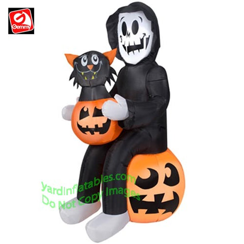 4' Gemmy Airblown Inflatable Reaper Holding Cat In Pumpkin