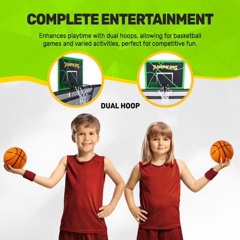 JumpKing 10'x15' Rectangle Trampoline with 2 Powder Coated Basketball Hoops & Breakaway Rim and Ladder- Large Recreational Trampoline for Kids and Adults with Enclosure Net
