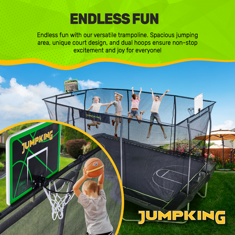 JumpKing 10'x15' Rectangle Trampoline with 2 Powder Coated Basketball Hoops & Breakaway Rim and Ladder- Large Recreational Trampoline for Kids and Adults with Enclosure Net