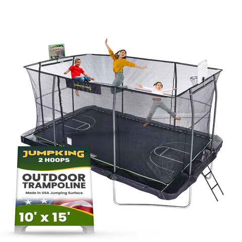 JumpKing 10'x15' Rectangle Trampoline with 2 Powder Coated Basketball Hoops & Breakaway Rim and Ladder- Large Recreational Trampoline for Kids and Adults with Enclosure Net