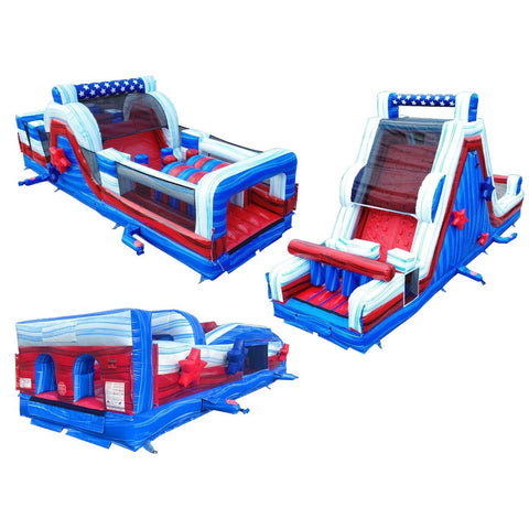 MEGA Red, White, Blue 3-Piece Inflatable Obstacle Course Trio, with Blower