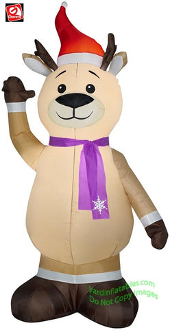 7' Gemmy Airblown Inflatable Reindeer Wearing Purple Scarf & Santa Hat