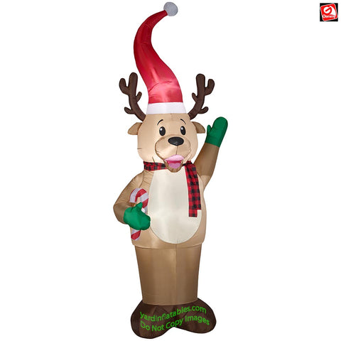 9' Gemmy Airblown Inflatable Christmas Reindeer w/ Santa Hat & Candy Cane