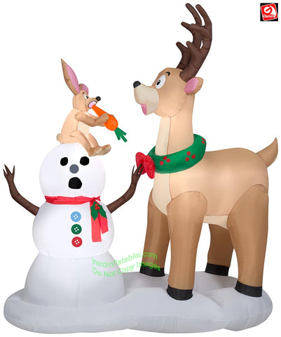 6' Gemmy Rabbit Eating Snowman's Nose w/ Surprised Caribou Scene