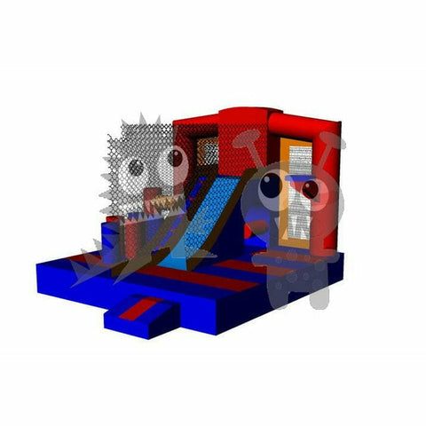 14.6'H 5-in-1 Orange & Blue Combo with Slide, Climbing Wall & Hoop by Rocket Inflatables SKU# COM-C5