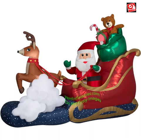 9.5' Gemmy Airblown Animated Mixed media Santa and Reindeer Sleigh