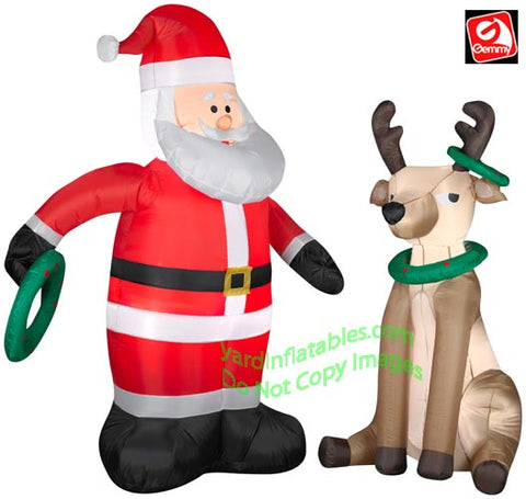 5 1/2' Gemmy Airblown Inflatable Santa Tossing Rings On Reindeer