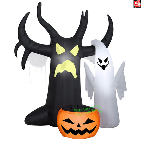 5' Gemmy Airblown Inflatable  Halloween Scary Tree and Ghost w/ Pumpkin Treat Bowl