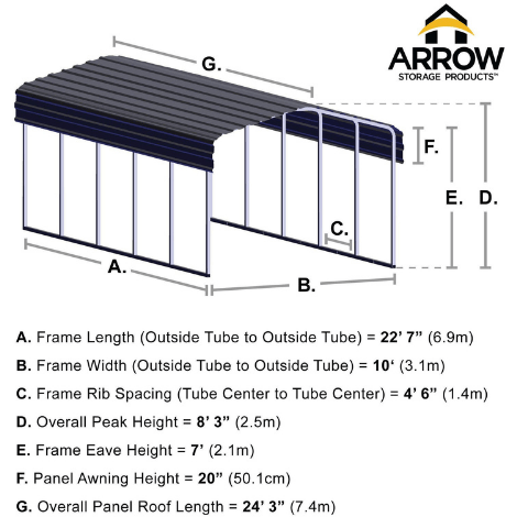 Shelterlogic Carport 10 ft. x 24 ft. x 7 ft. Eggshell Arrow Carport by Shelterlogic 026862111166 CPH102407 10 ft. x 24 ft. x 7 ft. Eggshell Arrow Carport SKU: CPH102407