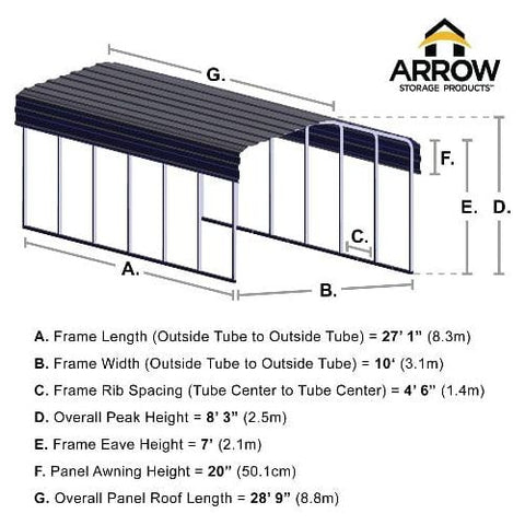 Shelterlogic Carport 10 ft. x 29 ft. x 7 ft. Charcoal Arrow Carport by Shelterlogic 026862111173 CPHC102907 10 ft. x 29 ft. x 7 ft. Charcoal Arrow Carport Shelterlogic CPHC102907