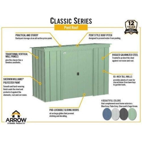 Shelterlogic Sheds and Storage 10 ft. x 4 ft., Sage Green Arrow Classic Steel Storage Shed by Shelterlogic 026862114587 CLP104SG 10 ft. x 4 ft., Sage Green Arrow Classic Steel Storage Shed CLP104SG