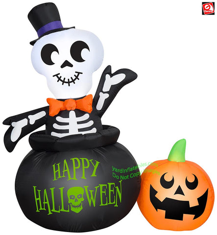 4' Gemmy Airblown Halloween Skeleton in Cauldron w/ Pumpkin