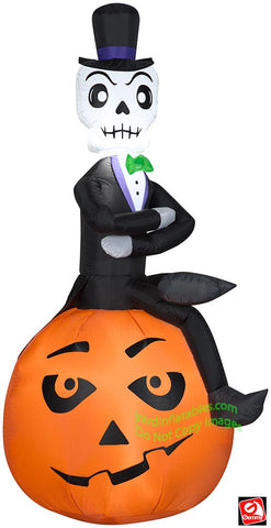 5 1/2' Gemmy Airblown Inflatable Halloween Skeleton w/ Top Hat Sitting On Pumpkin