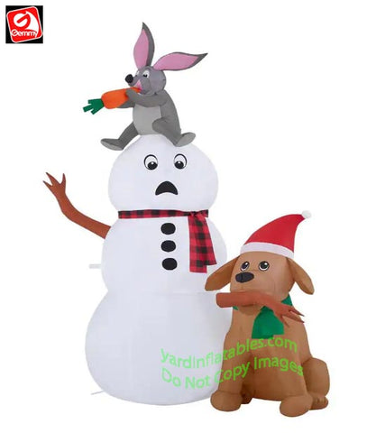 6' Gemmy Airblown Inflatable Christmas Snowman w/ Bunny Eating Nose & Dog
