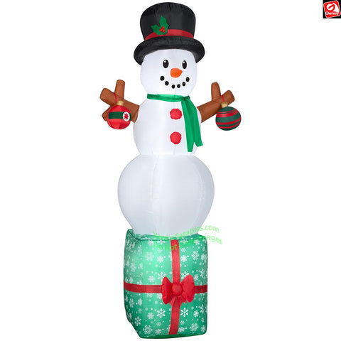 7' Gemmy Airblown Inflatable Christmas Snowman on Present w/ Ornaments