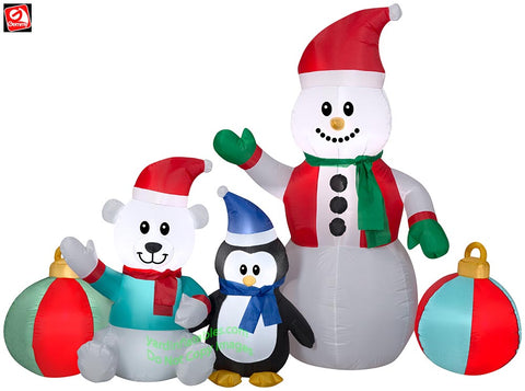 6.5' Gemmy Airblown Inflatable Christmas Snowman, Penguin, & Polar Bear Scene w/ Ornaments