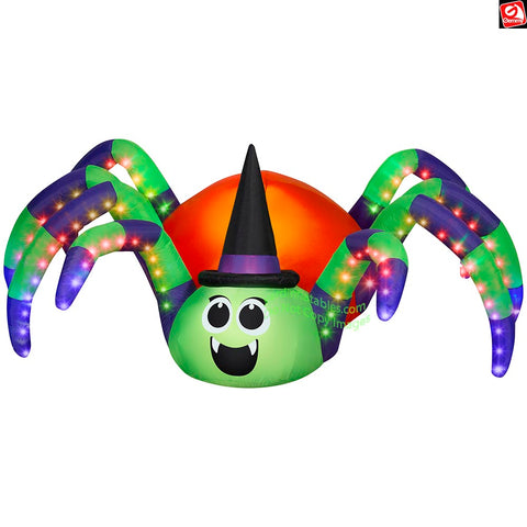 8.5' Gemmy Airblown Inflatable Halloween Spider w/ Witch Hat and Rainbow Wave Lights