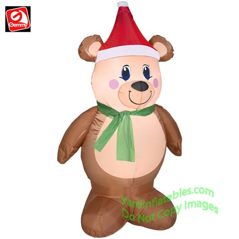 4' Gemmy Airblown Inflatable Teddy Bear Wearing Green Scarf & Santa Hat