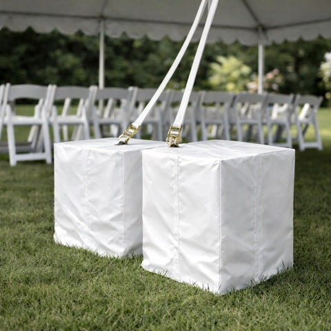 Commercial concrete tent ballast cover installed at wedding event