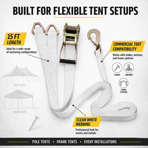 2" x 15' Double Yoke Ratchet Strap with Snap Hook - 10,000 lb Heavy Duty Tent Tie Down