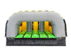 Image of Rear view of 7-Element Venom inflatable obstacle course with gray archway and green flooring