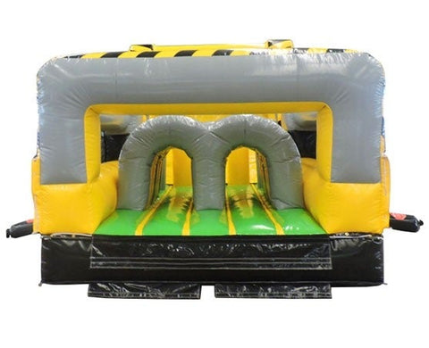 Exit view of 30-foot Venom inflatable obstacle course with twin arched tunnels and bright yellow finish