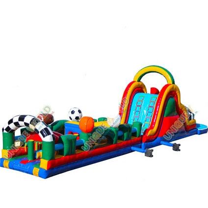 18'H 70 Feet Sports Obstacle And Dual Lane Slide Combo by Unique World SKU# 5012P