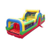 Image of Colorful 30-foot inflatable obstacle course rental with pop-up obstacles and dual-lane entrance tunnel for racing fun