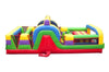 Image of Side view of a 30-foot retro inflatable obstacle course featuring colorful arches, pop-up obstacles, and dual racing lanes