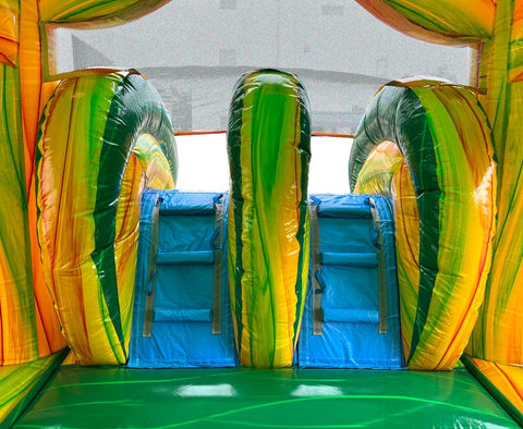 Kids Green Marble Dual Lane Bounce House with Slide Combo with Blower