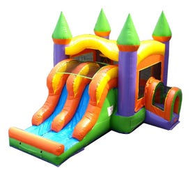 Kids Orange Rainbow Bounce House and Double Lane Slide Combo with Blower