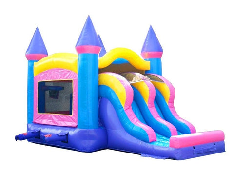Kids Pink Inflatable Bounce House and Double Lane Slide Combo with Blower