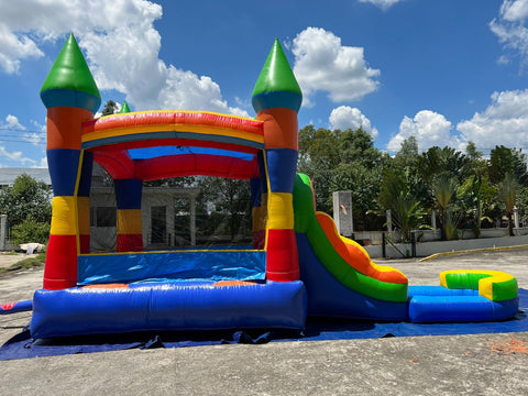 Rental Lite Rainbow Castle Smiley Face Bounce House Slide Combo with Wet Pool Attachment