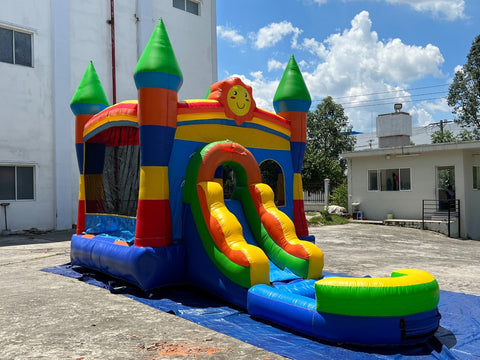 Rental Lite Rainbow Castle Smiley Face Bounce House Slide Combo with Wet Pool Attachment