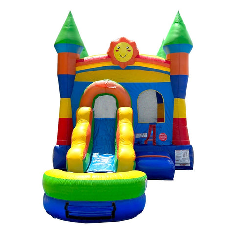 Rental Lite Rainbow Castle Smiley Face Bounce House Slide Combo with Wet Pool Attachment