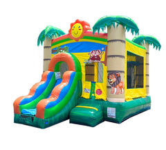 Rental Lite Tropical Jungle Castle Smiley Face Bounce House Slide Combo with Wet Pool Attachment