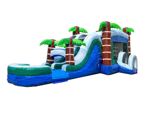 Mega Tropical Blue Marble Dual Lane Inflatable Water Slide Bounce House Combo with Blower