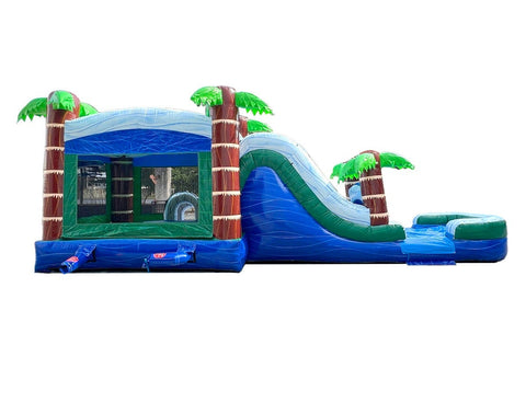 Mega Tropical Blue Marble Dual Lane Inflatable Water Slide Bounce House Combo with Blower