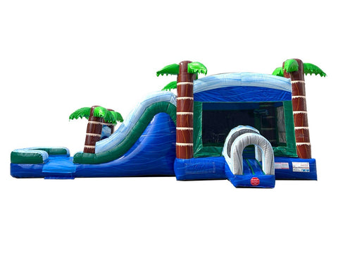Mega Tropical Blue Marble Dual Lane Inflatable Water Slide Bounce House Combo with Blower