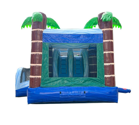 Mega Tropical Blue Marble Dual Lane Inflatable Water Slide Bounce House Combo with Blower