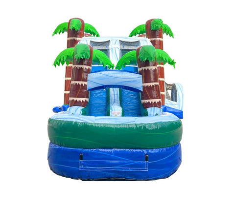 Mega Tropical Blue Marble Dual Lane Inflatable Water Slide Bounce House Combo with Blower