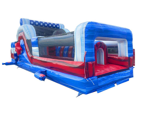 30' Red White and Blue Marble Inflatable Obstacle Course with Blower